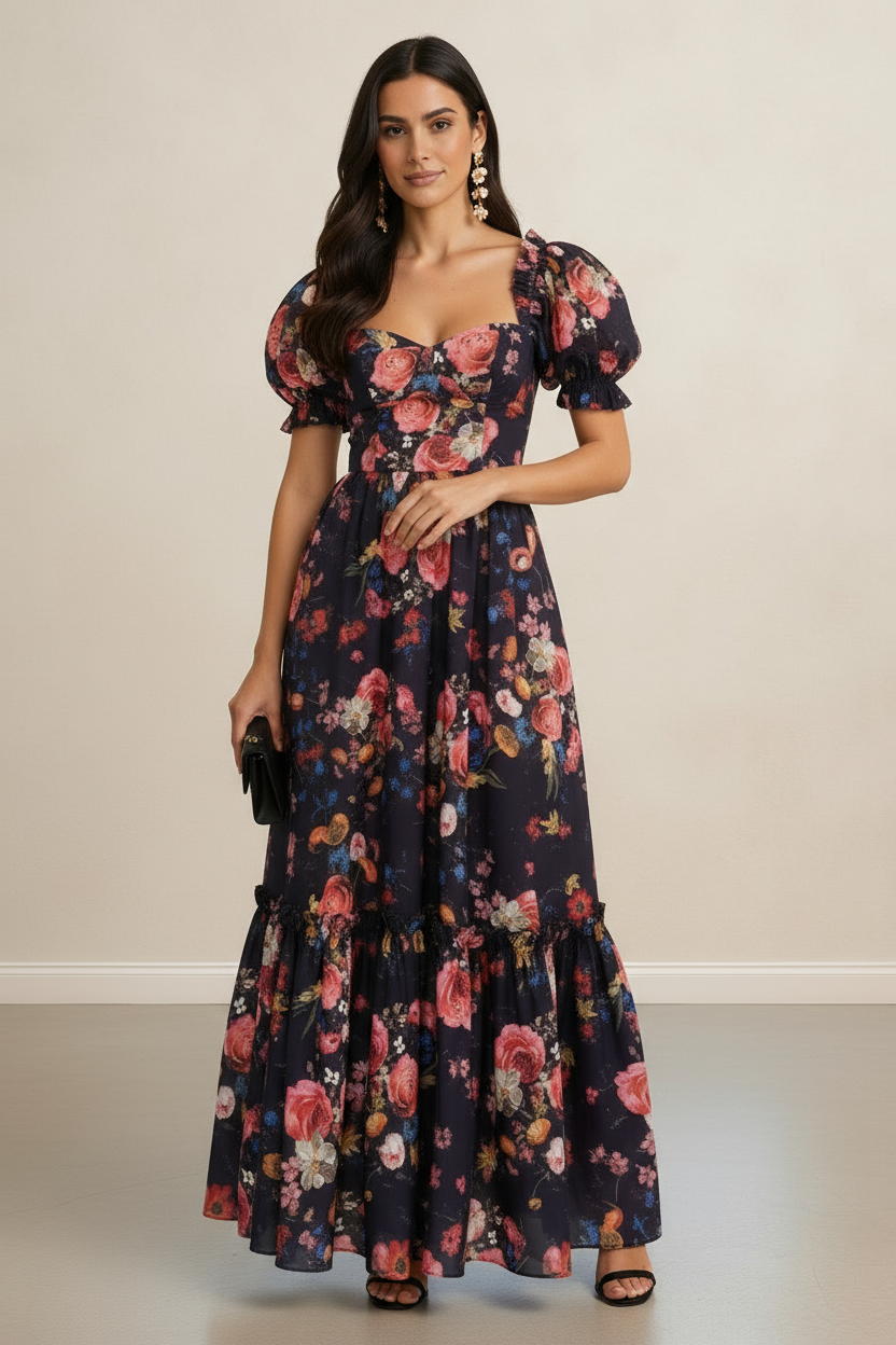 BLACK PINK FLORAL SHORT PUFF SLEEVES MAXI DRESS