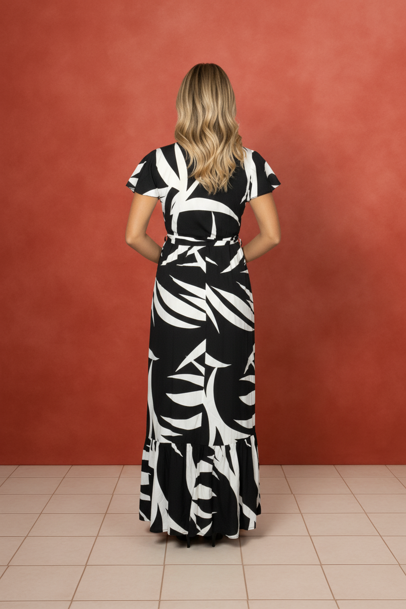 Black & White Crossover Top Floral Long Dress With Tie Belt