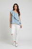 Blue one-shoulder sleeveless top with unfinished hem