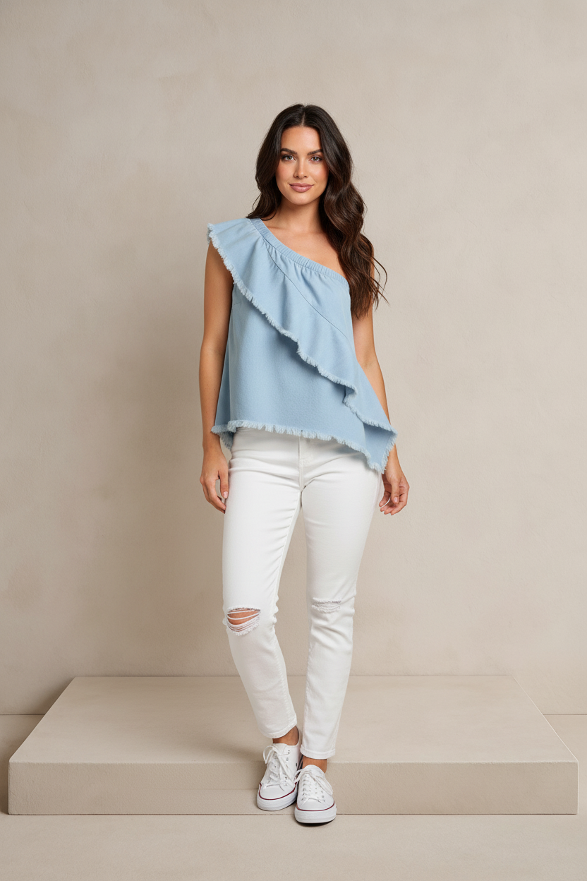 SUNDAZE BLUE ONE- SHOULDER UNFINISHED HEM TOP