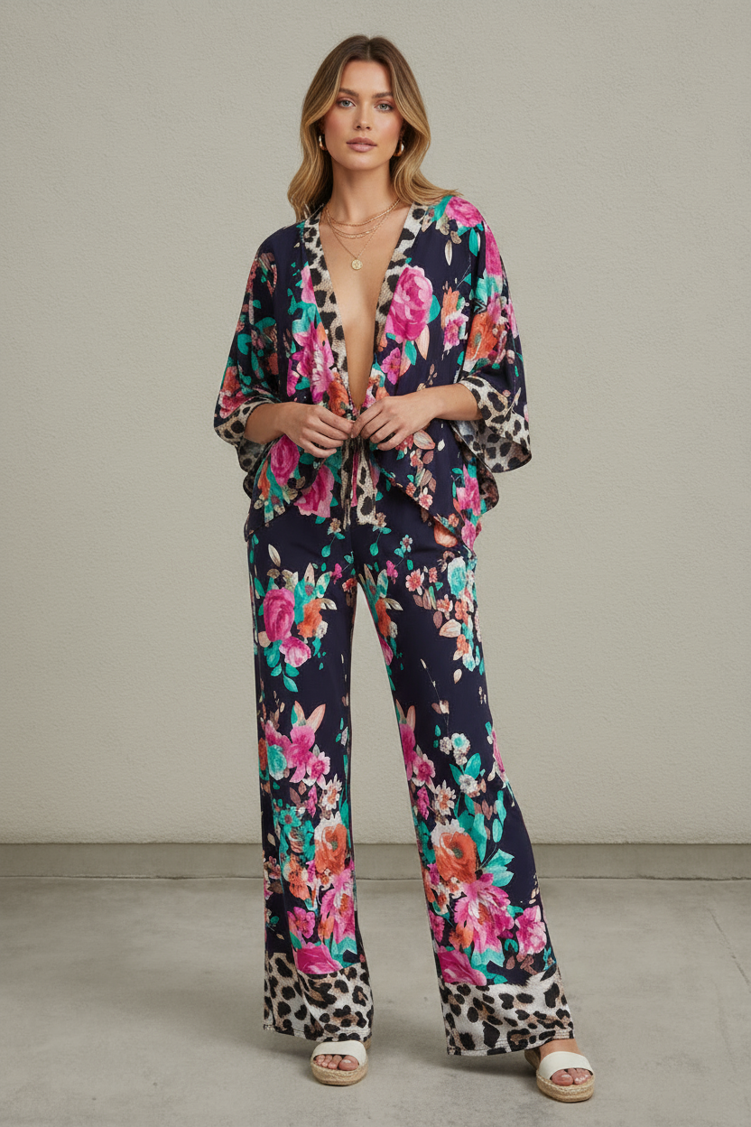FLORAL AND LEOPARD MIX PRINT KIMONO PANTS RESORT SET