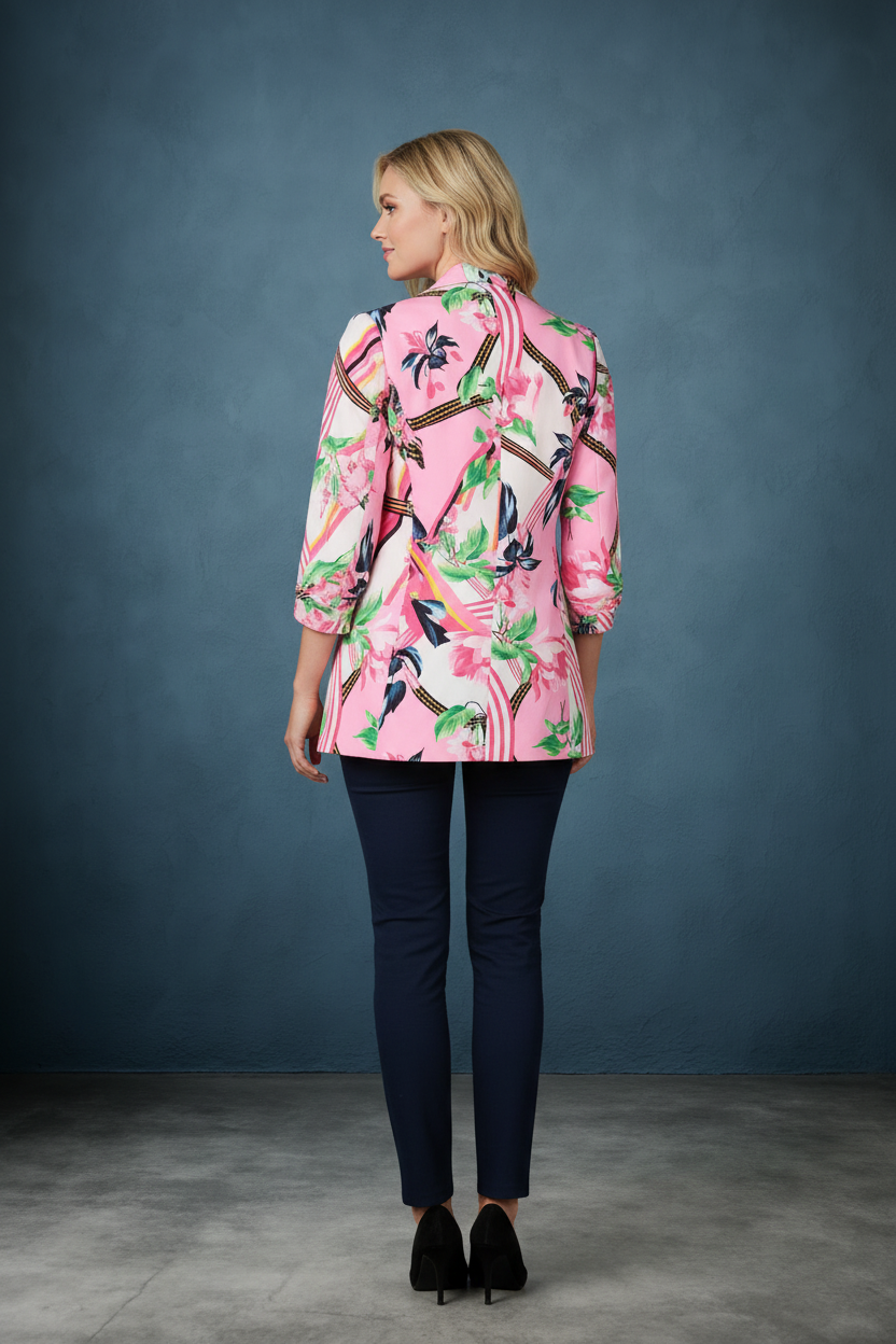 BLOOMLINE OPEN FRONT PINK FLORAL PRINT 3/4 SLEEVE BLAZER