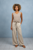 Brown and white striped tie-front tank top, front view