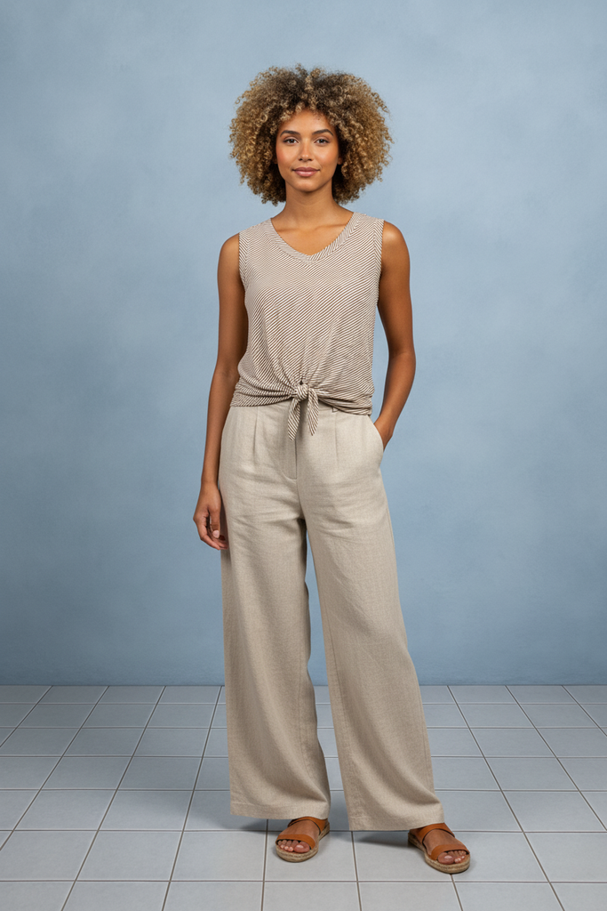 Brown and white striped tie-front tank top, front view