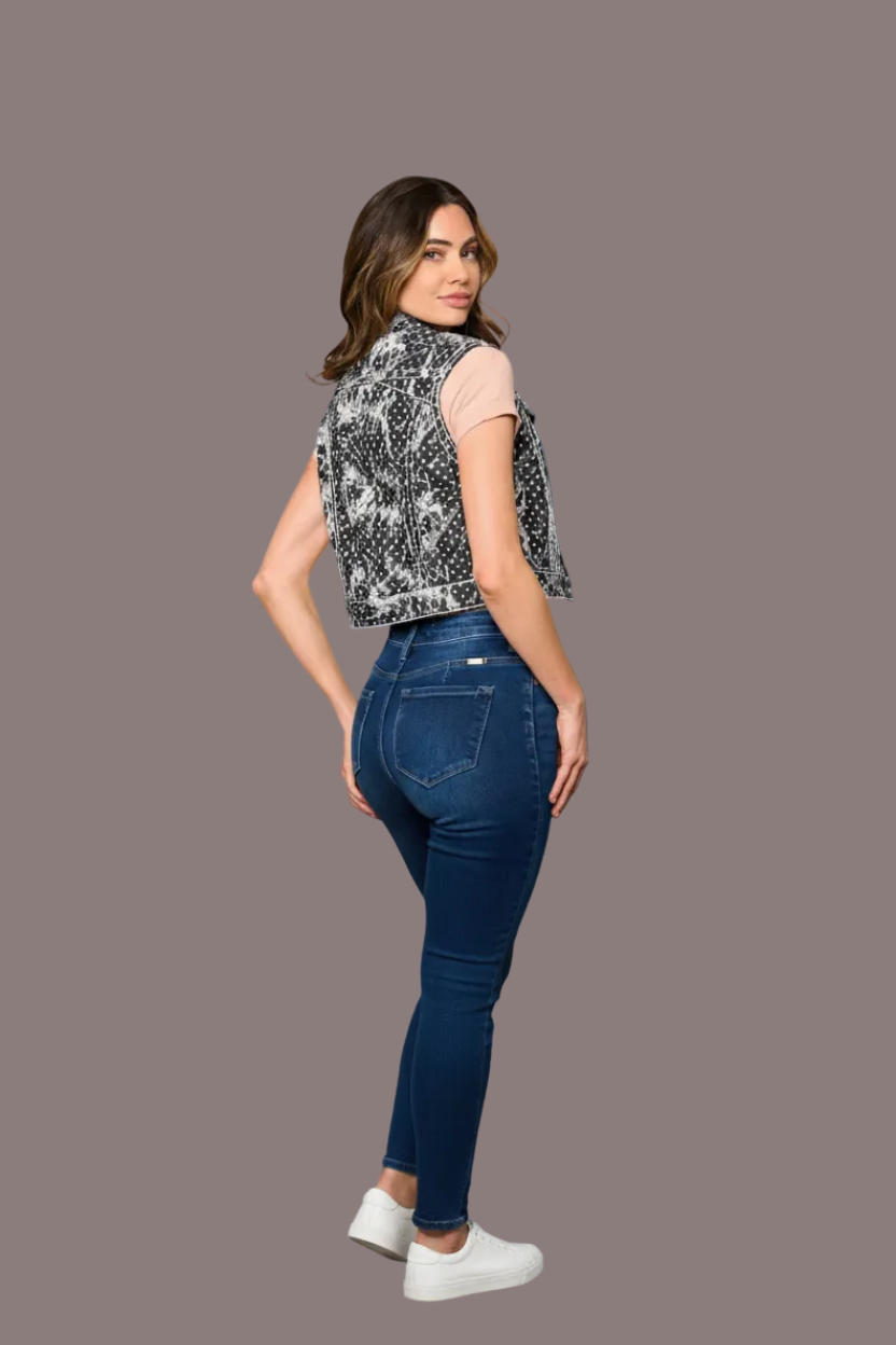 URBAN SPLASH DOT BLACK WASHED DENIM VEST