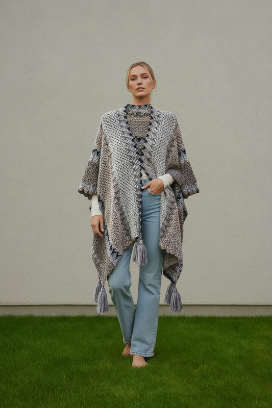 Colorful Sunset Draped Tassel Crochet  Ruana