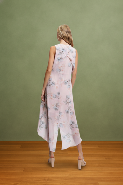 Pale Pink and Blue Floral Draped Tie Front Dress