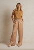 Satin striped pants with luxurious drape, side view