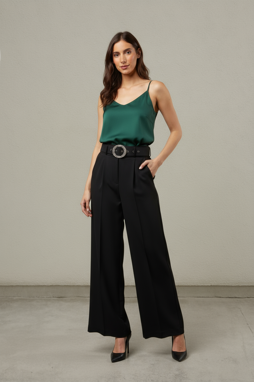 BELTED LUXE FLARE HIGH WAISTED PANTS