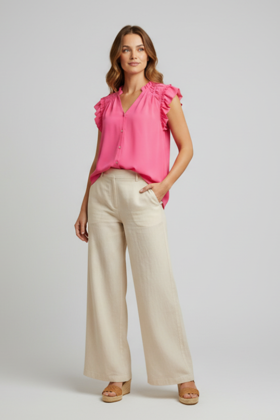 Chiffon shirring detail button-down top with ruffles