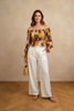 Off shoulder floral blouse styled look