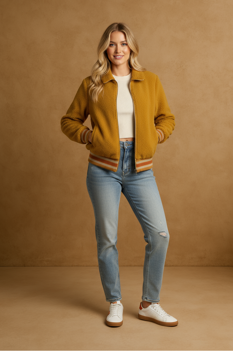 Retro Honey Sherpa Bomber Jacket