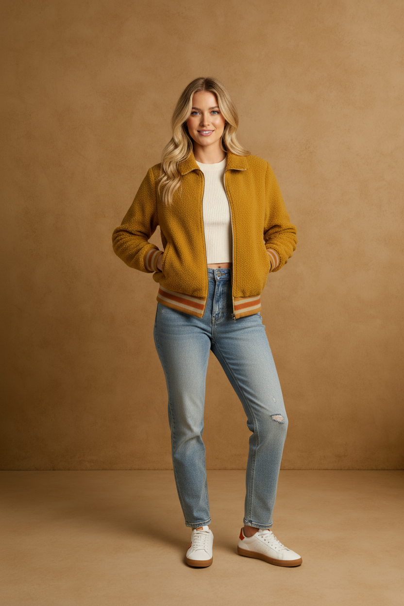 Retro Honey Sherpa Bomber Jacket