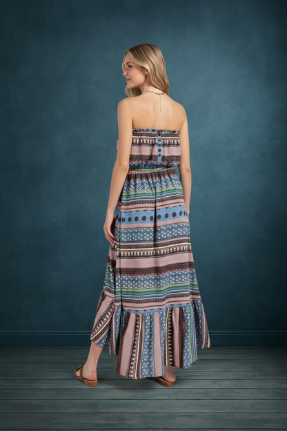 Gabby Sky Blue Mixed Print Button Detailed Tube Midi Strapless Maxi Dress