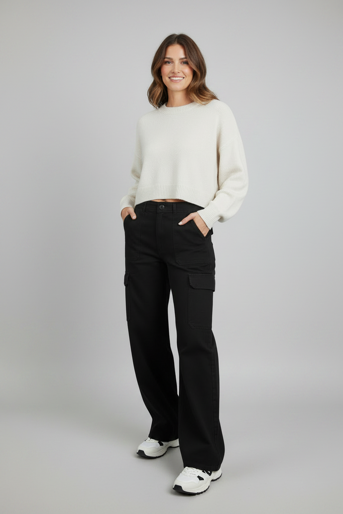 Black high-waist wide-leg cargo pants in 100% cotton, front view