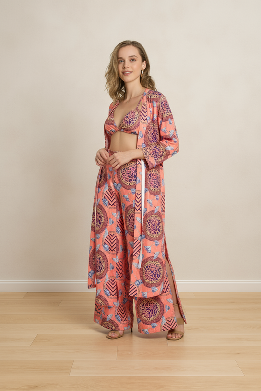 BUTTERFLY CROP TOP KIMONO PANTSUIT MULTI PRINT 3PC. SET