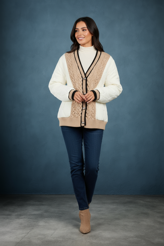 Quilt & Cable Knit Puffer Cardigan