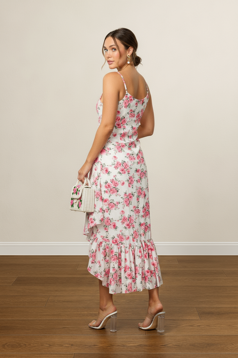 FLORAL RUFFLE HEM HIGH LOW MIDI DRESS