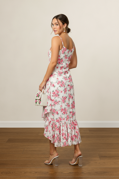 FLORAL RUFFLE HEM HIGH LOW MIDI DRESS