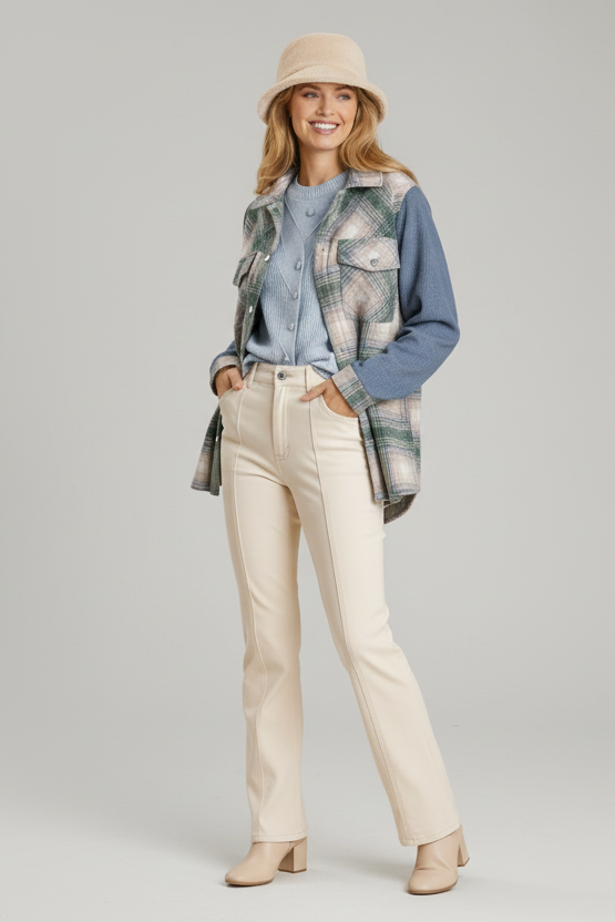Plaid collared shacket with fringe back