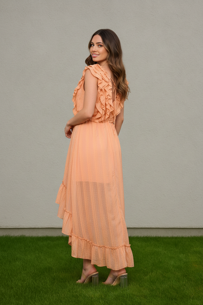 RUFFLE FRONT HIGH-LOW SLEEVELESS MIDI DRESS