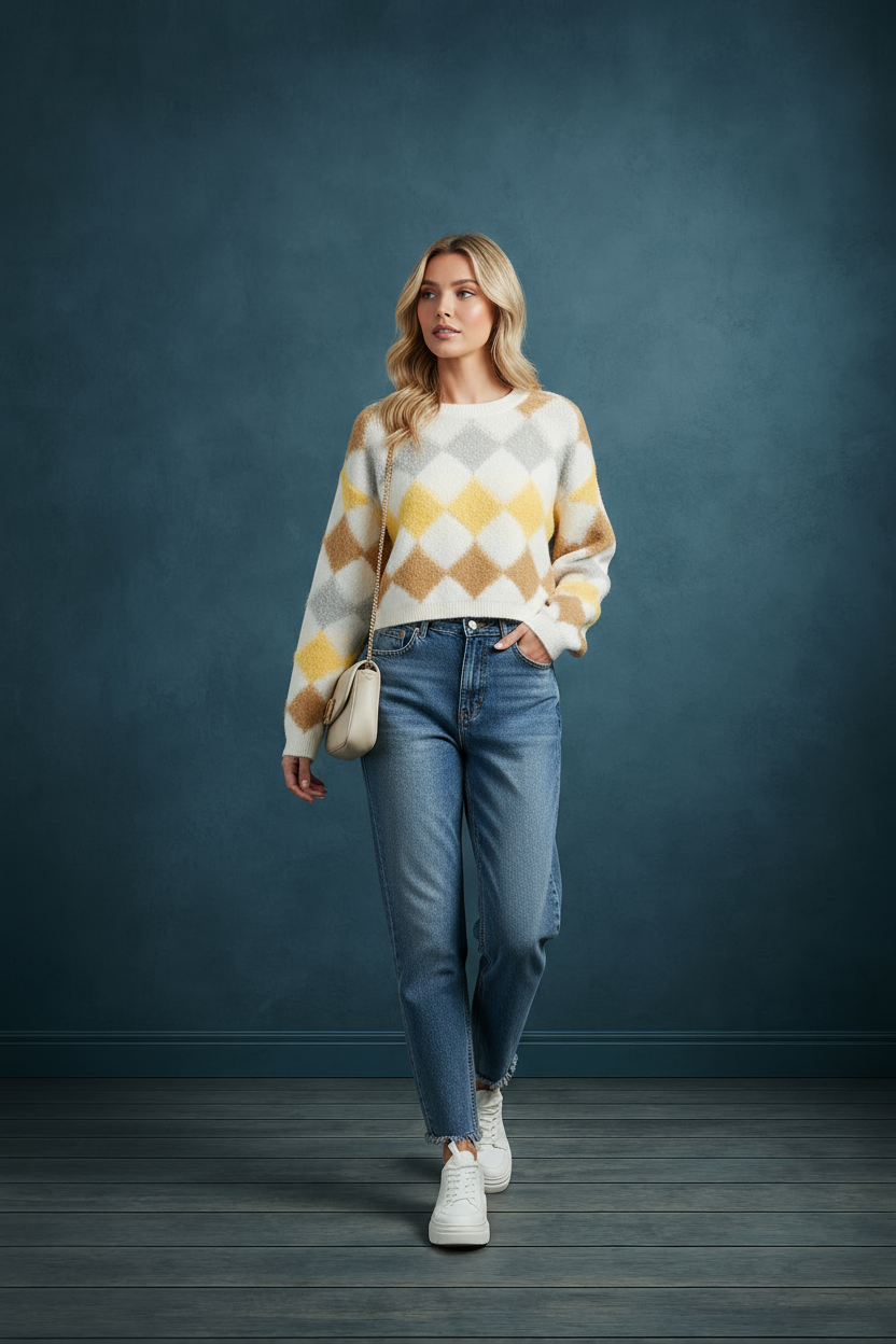 Amber Argyle Diamond Cropped Pullover Sweater