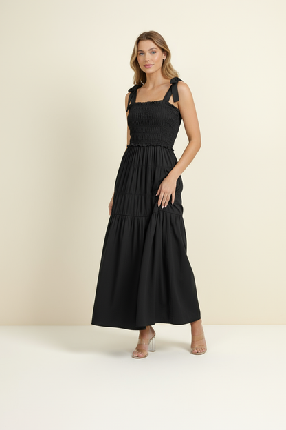 Smocked Maxi Dress with Shoulder Tie