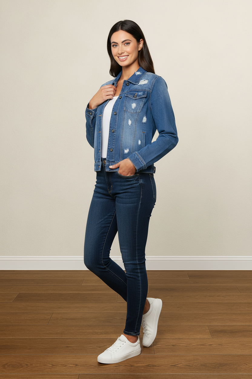 CITYLIGHT MEDIUM BLUE DISTRESSED DENIM JACKET