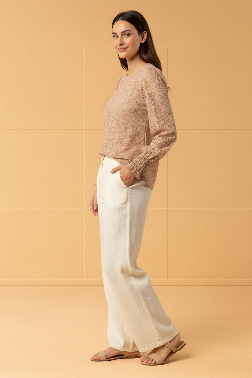 Chi Charm All Over Lace Smocked Cuff Blouse