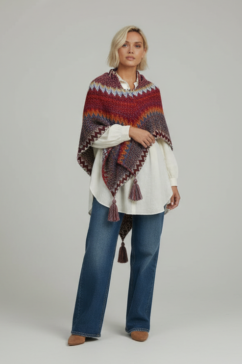 Colorful Sunset Draped Tassel Crochet  Ruana