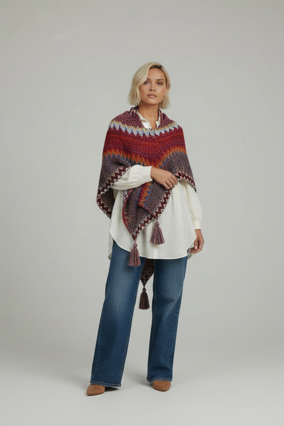 Colorful Sunset Draped Tassel Crochet  Ruana