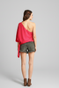 Fuchsia one-shoulder and waist tie top, full-length view