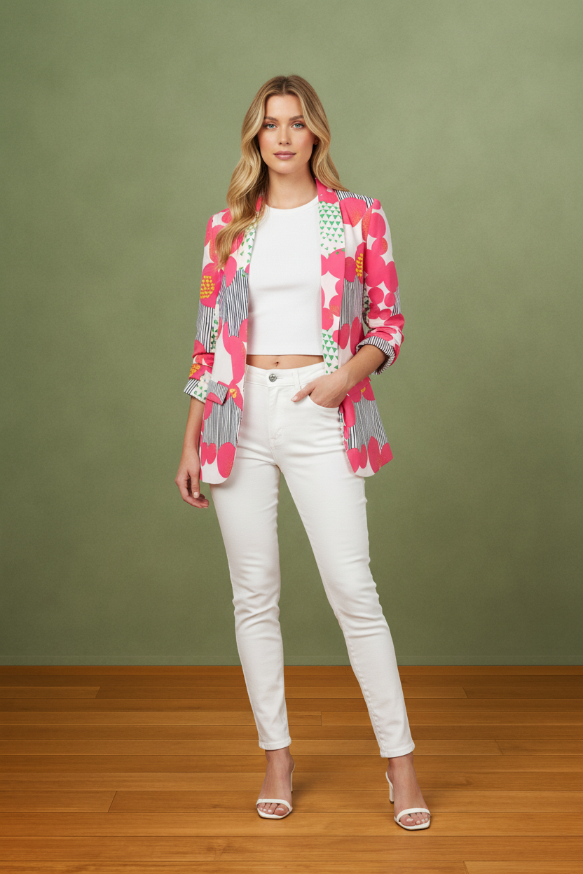 PIXEL BLOOM MULTI COLOR OPEN FRONT 3/4 SLEEVE BLAZER