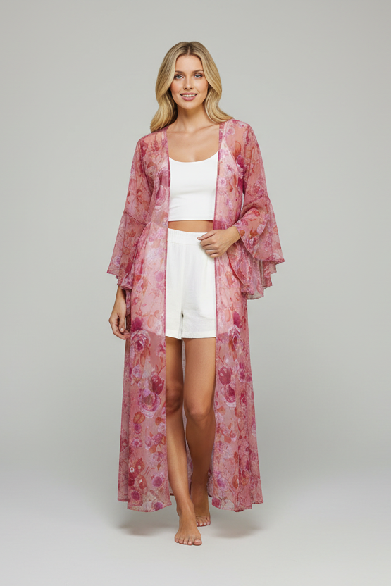 FLORAL RUFFLE SLEEVE OPEN FRONT FLORAL KIMONO/ SWIM COVERUP